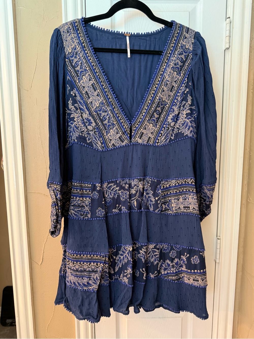 Free People Blue Embroidered Boho Mini Dress L Long Sleeve Festival